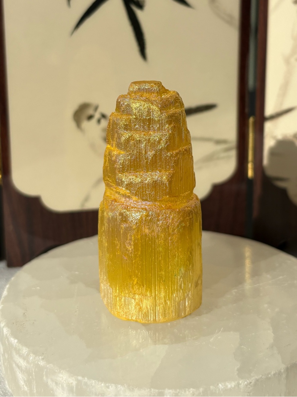 Yellow aura coated selenite stacked tower